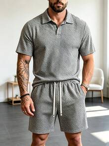 男士夏季條紋短袖T恤與短褲套裝，休閒通勤、度假 - 白色 - 查看 3