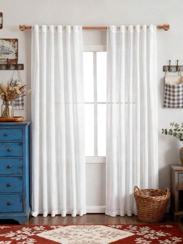1 pieza Cortina de lino vintage de material moderno con gasa de lino y borlas - Estilo de lino japonés, diseño de bolsillo para barra, adecuada para sala de estar y dormitorio - Cortina transparente y de filtración de luz, cortina de sala de estar, cortina de dormitorio (peso de tela 200g)