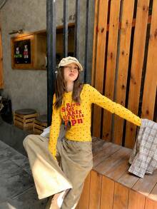 Women's Red Letter Print Fitted Cropped T-Shirt, Niche Polka Dot Design Autumn Round Neck Long Sleeve Base Layer Casual - Yellow - View 3