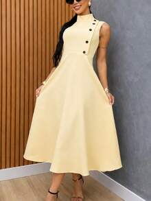 Elegant Sleeveless High Neck Midi Dress For Women, Side Button Detail, Chic Casual And Party Tailored Dress - amarelo bebe - 查看 7