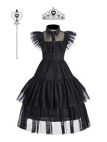 3pcs/Set Girls Black Mesh Ruffle Collar Sleeveless Dress Crown Magic Wand Set Children Witch Costume Girls Role Play Outfit Carnival Halloween Stage Performance Costume Book Week Costume - Black - View 13