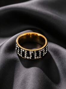 1pc Stainless Steel Wide Ring Black & White Alternating Full Zirconia Element Daily Party Outfit Couple Accessory - 1-piece Full Diamond Ring - View 3