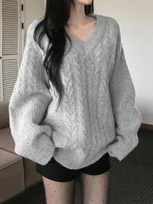 Women's V-Neck Long Sleeve Loose Cable Knit Casual Sweater - Light Grey - View 2