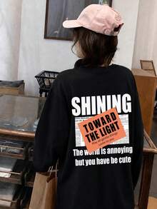 Loose Crew Neck Long Sleeve T-Shirt For Women, Minimalist Letter Print, Y2K Base Layer Top, Autumn - Black - View 1