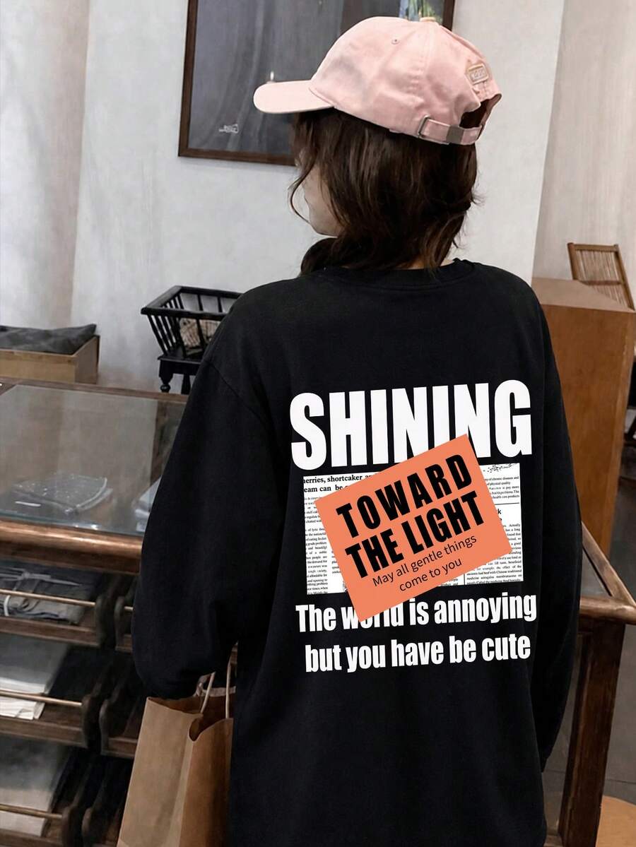 Loose Crew Neck Long Sleeve T-Shirt For Women, Minimalist Letter Print, Y2K Base Layer Top, Autumn - Black - View 1