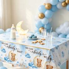 1/3PCS Disposable Plastic Table Cover, 51*86 Inch Rectangular Tablecloth, Cute Cartoon Elephant & Bear Pattern Decorated With Clouds, Stars And Blue Roses, Lue Animal Design, For Shower Party, Gender Reveal Gathering, Table Setting Supplies - Blue Teddy Bear - View 2