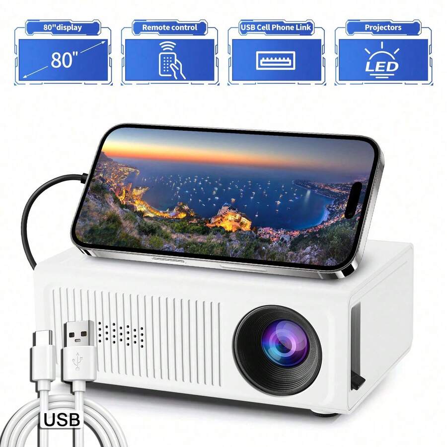 1080P Mini Smart Projector, Projector With USB Playback,USB Connection(Without An Adapter),180" Large Screen Portable Home Theater For Indoor & Outdoor Entertainment - White - View 1