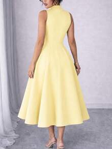 Elegant Sleeveless High Neck Midi Dress For Women, Side Button Detail, Chic Casual And Party Tailored Dress - amarelo bebe - 查看 4