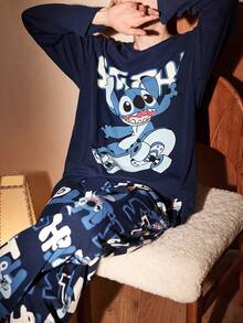 Gongdie 2 Pieces Disney Stitch Men Pajama Set,Fall Navy Soft Cotton Loungewear With Pocket - Navy Blue - View 4