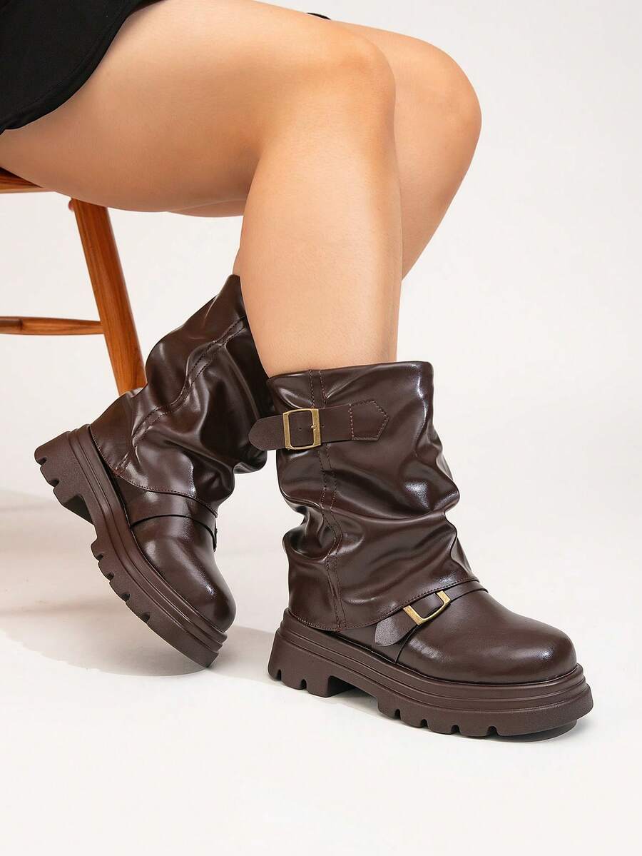 Women's Wide Fit Plus Size Thick Sole Mid-Calf Boots, Autumn/Winter Double Buckle Motorcycle Boots, Punk Style Wide Leg Platform Gear Sole Wrinkled Boots, Brown