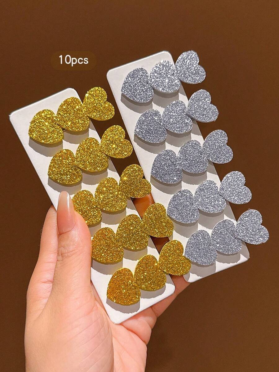 10pcs Gold & Silver Heart-Shaped Hair Clips, Sweet Style Hair Accessories For Daily Wear