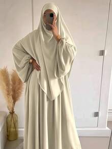 2pcs/Set Khimar+Abaya) Soft Muslim Prayer Outfit, Long Abaya With Matching Hijab, Casual Outing Essential Fashion Item (Hijab+Dress) - Multicolor - View 2