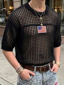 ANDREILEE Men's Knitted Top, Neutral Casual Street Style, American Flag Hollow Out Semi-Sheer Short Sleeve Loose Crew Neck Pullover T-Shirt, Spring/Summer - Black - View 4