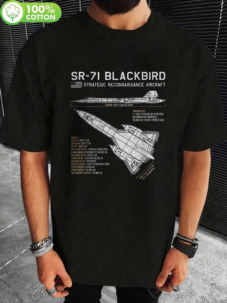 T-Shirt With The Design Of The SR-71 Blackbird Reconnaissance Aircraft For Men And Women - Aviation-Themed Design, Detailed Specifications Of The Airc