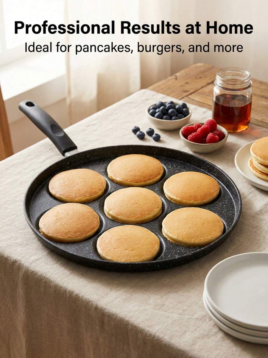1pc Non-Stick Pancake Griddle With Detachable Handle, 7-Hole Non-Stick Surface Suitable For Pancakes, Heavy-Duty Aluminum Breakfast Pan, Thin Dumplings And Eggs - Fun Kitchen Gift For Kids And Adults, Cooking Essential, Interesting Design, Easy To Clean, Heat Resistant Up To 450°F