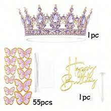 57pcs Purple Rhinestone Crown Cake Topper Set, Gold Butterfly Decor, Happy Birthday Acrylic Cake Topper, Princess Birthday Party Cake Decoration Supplies - Multicolor - View 9
