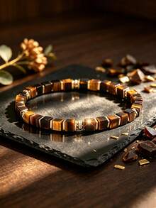 1pc "Wealth-Attracting" Tiger Eye Energy Stone Bracelet, Meaningful Good Luck Amulet Men's Jewelry Gift - Multicolor - View 5