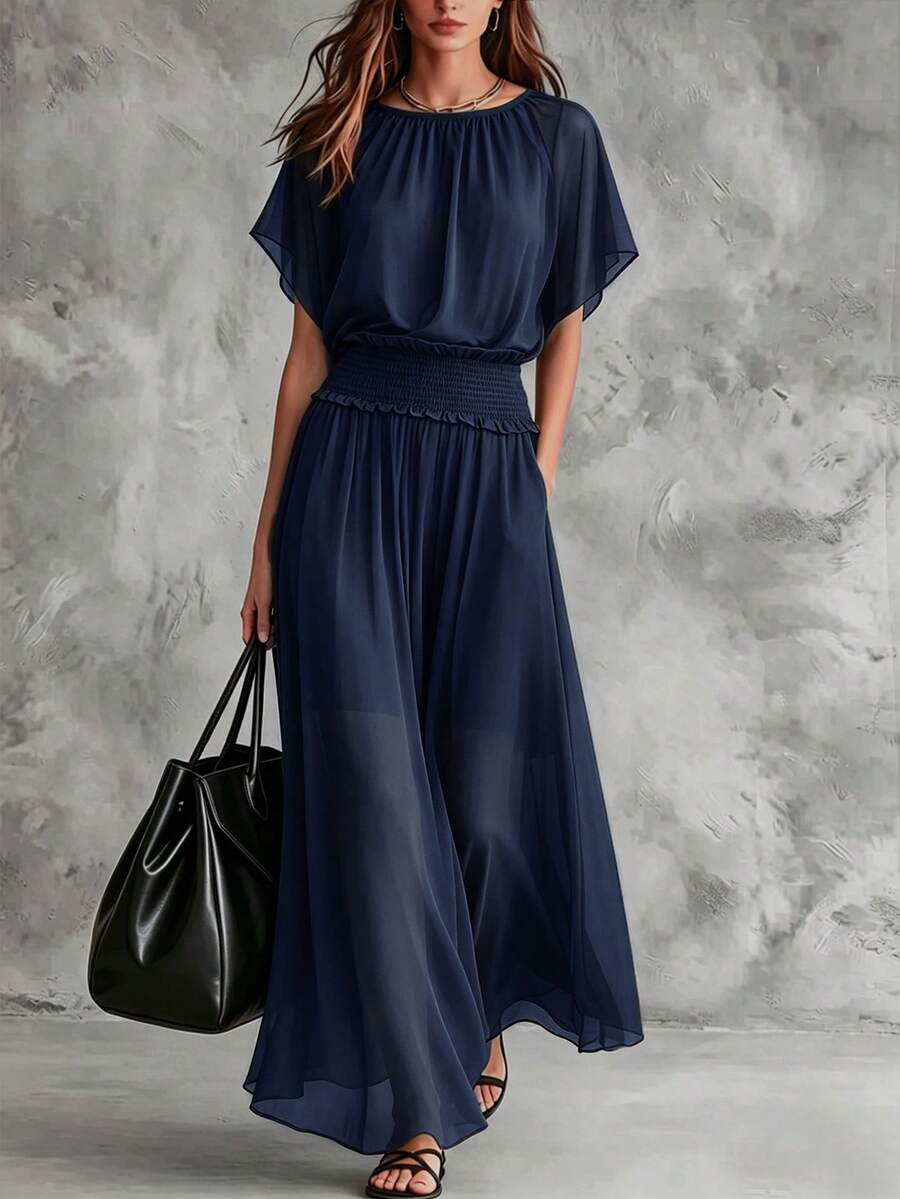 Elegant Solid Navy Blue Chiffon Long Dress, Round Neck, Flutter Short Sleeves, Elastic Ruffle Waist, Flowy Women's Dress - Navy Blue - View 1