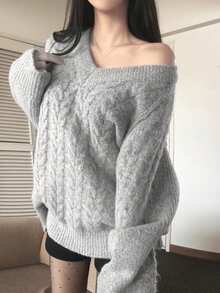 Women's V-Neck Long Sleeve Loose Cable Knit Casual Sweater - Light Grey - View 6
