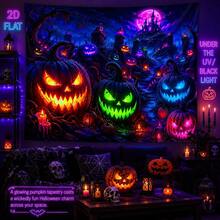 2D Flat - 1pc QD_VIVIOS Halloween Pumpkin Castle Night Scene Print Black Light UV Reactive Fluorescent Wall Tapestry Bedroom Decor Dorm Decor - Multicolor - View 1