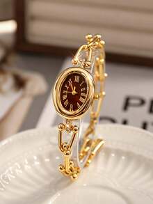 1pc Women's Bracelet Watch, Luxury Oval Roman Numeral Dial, Embedded Diamond Crystal, Water Ripple Design, Alloy Quartz Watch, Gift For Girlfriend - Gold - View 2