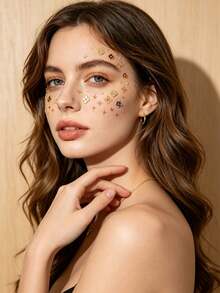 1pc Vintage Gold Foil Four-Leaf Clover Star Heart Face Decoration Sticker, Exquisite Embossed Metal Flower 3D Eye Makeup Sticker, Gentle Luxury Style Photography, Wedding, Stage Makeup Accessory, Multi-Style Gold Pattern Waterproof Sticker, Can Be Applied To Forehead, Cheeks, Collarbone, Atmosphere Exquisite Girl Versatile Face Makeup Decoration Sticker Set - Multicolor - View 2