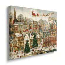1pc Framed/Unframed Fantasy Christmas Town Santa Sleigh Flying Canvas Poster, Snowy Village Cozy Holiday Mural Print, Winter Christmas Wonderland Landscape Painting, Nordic Style Apartment Living Room Bedroom Modern Home Decor - A - View 2
