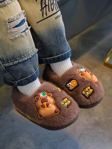 1 Pair Kids Fuzzy Slippers PVC Sole Warm Winter Boys Girls Capybara Design Cute Closed-Back Baby Plush House Shoes - Coffee Brown - View 4