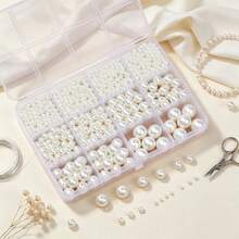 1200pcs/Box 4-12mm Perforated Pearl Beads, Used For Jewelry Making, 5 Sizes Round Pearls For Bracelet Making Kit, Perforated Small Pearl Filler Beads, Suitable For DIY Craft Necklace Earrings, Craft Beading Set - White - View 2