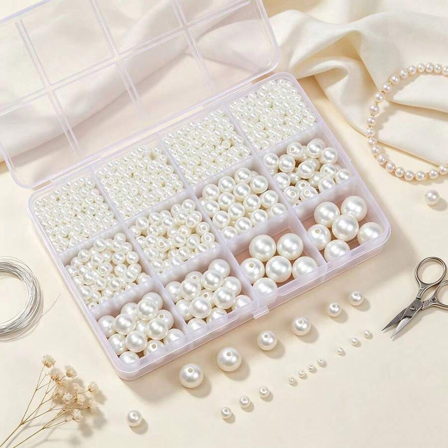 1200pcs/Box 4-12mm Perforated Pearl Beads, Used For Jewelry Making, 5 Sizes Round Pearls For Bracelet Making Kit, Perforated Small Pearl Filler Beads, Suitable For DIY Craft Necklace Earrings, Craft Beading Set