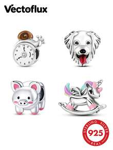 1pc Vintage Country Style S925 Sterling Silver Low-Allergenic Golden Retriever Pet Pig Snail Alarm Clock Wooden Horse Beaded Charm, Suitable For Original Bracelet, Women's DIY Jewelry Making, Birthday Gift - Multicolor - View 1