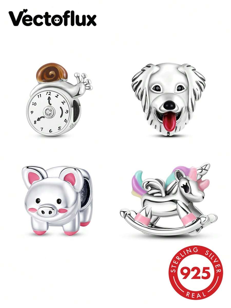 1pc Vintage Country Style S925 Sterling Silver Low-Allergenic Golden Retriever Pet Pig Snail Alarm Clock Wooden Horse Beaded Charm, Suitable For Original Bracelet, Women's DIY Jewelry Making, Birthday Gift - Multicolor - View 1