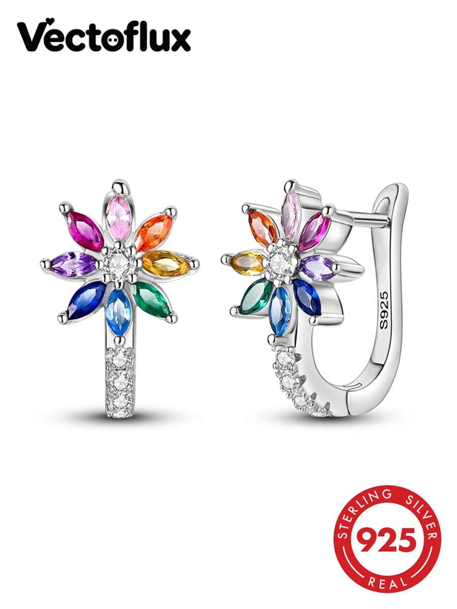 Vectoflux 1 par de pendientes de mujer de plata de ley S925 de alta calidad hipoalergénicos con diseño de flor arcoíris Hope, clips de oreja estilo francés, joyería para boda, fiesta y reunión, regalo adecuado para cumpleaños, fiesta, vacaciones y regalo de pareja - KJE307 - Ver 1