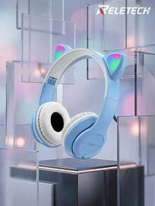 Reletech Wireless Headphones With Cartoon Earring Design, Stereo, Long Battery Life, Low Latency, Sweat-Resistant, Foldable - Baby Blue - View 2
