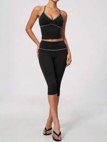 NcmRyu Women's One Set Contrast Color White Line Spaghetti Strap V-Neck Y-Back Tank Top & Butt-Lifting Mid-Length Shorts Sports Set - Black - View 8