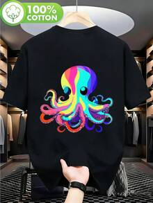 Herren T-Shirt aus reiner Baumwolle mit Regenbogen-Oktopus-Muster, Schwarz-Weiß Kurzarm T-Shirt mit bedrucktem Design, Rundhals, Es - Schwarz - Übersicht 1