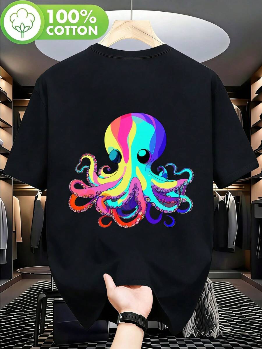 Herren T-Shirt aus reiner Baumwolle mit Regenbogen-Oktopus-Muster, Schwarz-Weiß Kurzarm T-Shirt mit bedrucktem Design, Rundhals, Es - Schwarz - Übersicht 1