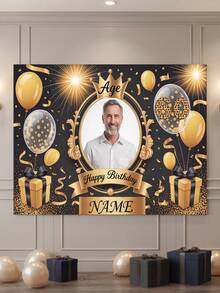 1pc - Customized Happy Birthday Backdrop, Customized Black & Gold Theme Printed Poster - Personalized Birthday Party Customized Photo And Name Poster - Suitable For Party Decorations, Birthday Gifts, Gallery Decor And Photo Props, Party Decorations, Unique Personalized Background Photography And Display, Party Decorations, Multi-Functional, Durable, Decorative, Summer Holiday - Multicolor - View 5