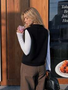 Women's Autumn/Winter Solid Color Lapel Knit Cardigan Vest, Minimalist Casual Sweater Top, Versatile Style - Black - View 4