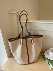 Bolso tote de gran capacidad con diseño de bloques de color y patchwork - Marrón - Ver 2