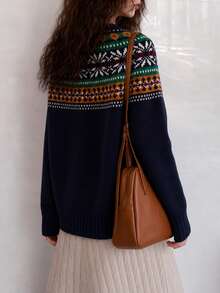 Women's Autumn/Winter Casual Minimalist Elegant Fair Isle Crew Neck Sweater Cardigan Fall - Navy Blue - View 2