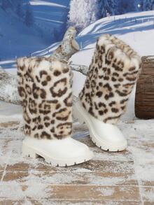 1 Pair Autumn/Winter New Random Leopard Print Decor Casual Fashion Round Toe Mid-Calf Back Zipper Design Girls' Boots - White - View 2