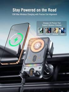 REMAX 15W無線充電車用手機支架，自動夾緊出風口式安裝，適用iPhone、Samsung、Android，快充支架附RGB氛圍燈，單手操作，90°旋轉，防滑矽膠墊，穩定不晃動設計，汽車配件 - 彩色 - 查看 3