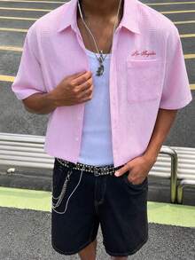 男士夏季休閒純色印花短袖襯衫，度假熱帶海灘風襯衫 - 粉色 - 查看 3