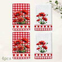 2pcs Red Poppy Kitchen Towels, Plaid And Polka Dot Floral Print With Heart Trim Hand Towels, Suitable For Kitchen, Oven Handles And Farmhouse Home Decor, Machine Washable Holiday Gift And Cleaning Supplies - Multicolor - View 8