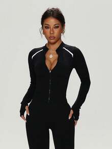 Jaket Fitness Pendek dengan Resleting Depan dan Garis Kontras, Atasan Olahraga Lengan Panjang Slim Fit dengan Lubang Jempol - Hitam - View 3