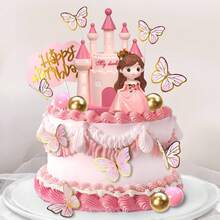 18 buah Hiasan Kue Ulang Tahun Putri, Kupu-kupu & Kastil Tema "Selamat Ulang Tahun" Warna Pink, Cocok untuk Ulang Tahun Anak Perempuan - MultiWarna - View 1