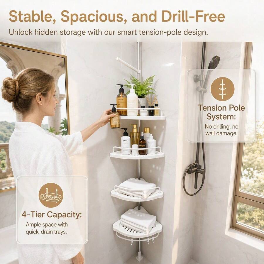Bathroom Corner Shower Caddy, 4-Tier Tension Pole Storage Rack With Hooks, Rust-Proof White, No Drilling Required, Height Adjustable, Stable Load-Bearing, Large Capacity Multi-Layer Storage, Hooks For Bath Sponges And Washcloths, Suitable For Bathroom Shower Corner And Toilet Side, Organizes Shampoo, Body Wash And Toiletries, Moisture-Proof And Rust-Proof, Wall-, Universal Bathroom Corner Storage Rack For Home And Rental