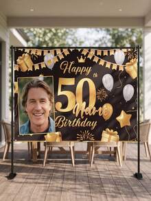 1pc - Customized Happy Birthday Backdrop, Customized Black & Gold Theme Printed Poster - Personalized Birthday Party Customized Photo And Name Poster - Suitable For Party Decoration Supplies, Birthday Gifts, Gallery Decor And Photo Props, Party Decoration, Unique Personalized Background Photography And Display, Party Decoration, Multi-Functional, Durable, Highly Decorative, Summer Holiday - Multicolor - View 3