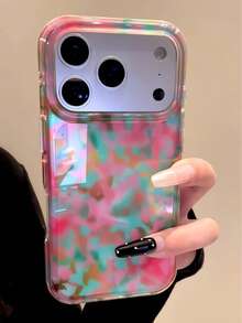 Casing Pelindung Silikon Dua Lapis Tahan Guncangan Ins Niche Pink Hijau Amber Motif Tempurung Kura-kura dengan Tepi Bulat, Kompatibel dengan Apple 17 Pro Max / 16 / 15 / 14 / 13, Perlindungan Penuh, Gaya Korea - Berwarna merah muda - View 2